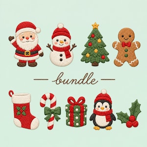 May include: A collection of embroidered Christmas-themed patches featuring Santa Claus, a snowman, a decorated pine tree, a gingerbread person, a stocking, a candy cane, a gift box, a penguin, and holly berries, with the text bundle in the center.