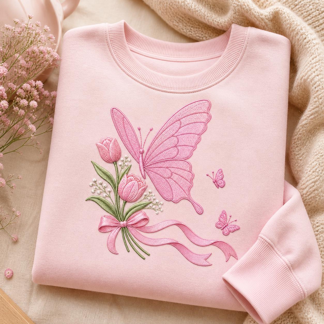 Pink Butterfly Tulip Embroidery Design Floral Ribbon Spring Garden ...