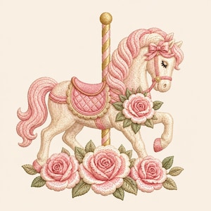 May include: An embroidery design of a carousel horse in cream and pink tones. The horse features a pink mane, a matching saddle, and a bow. It is adorned with a large pink rose on its chest and stands above three pink roses with green leaves.