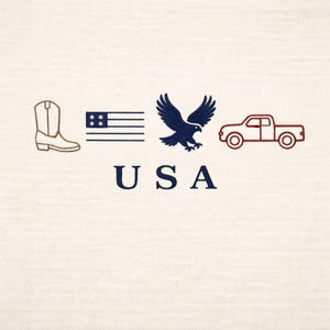 May include: Cream-colored fabric with embroidered symbols: a cowboy boot, American flag, eagle, and pickup truck. The word "USA" is embroidered below the symbols in navy blue.
