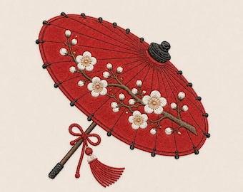 Japanische Wagasa-Schirmblüte mit Pflaumenblütenmuster für orientalische Gärten – Stickmuster-Design