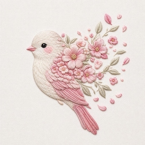 May include: An embroidery piece on white fabric featuring a bird with cream and pink plumage. The bird is adorned with a cluster of pink flowers and green leaves that extend from its body, with scattered petals floating around the design.