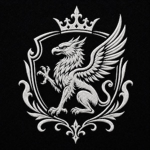 May include: White embroidered griffin crest on a black background. The design features a crowned griffin within a shield, with detailed wings and talons. The crest is surrounded by decorative flourishes, creating a heraldic emblem.