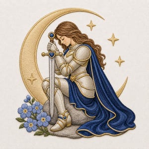 May include: An embroidered patch featuring a figure with long brown hair wearing silver armor and a deep blue cape, kneeling on a rock while holding a sword with a blue heart accent. A large gold crescent moon and blue flowers surround the figure.