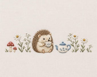 Hedgehog Tea Time Cottage Garden Mushroom Floral Embroidery Pattern Keepsake