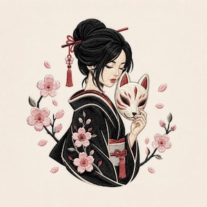 May include: An embroidery design featuring a person with dark hair in an updo, wearing a black kimono with a red sash and tassel. The person holds a white fox mask with red markings. Pink cherry blossoms on branches surround the figure.