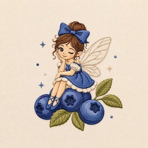 May include: An embroidery design featuring a winking fairy with brown hair in a bun, wearing a blue dress and a large blue hair bow. The fairy has translucent wings and sits atop a cluster of three large blue blueberries with green leaves.