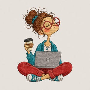 May include: An embroidered illustration of a person with brown hair in a bun, wearing red round glasses, a teal cardigan, and red pants. The person is sitting cross-legged, holding a coffee cup in one hand and using a gray laptop computer.