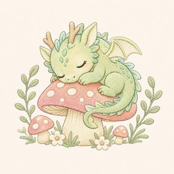 Baby Forest Dragon Sleeping On Mushroom Embroidery Design Fantasy Woodland Pattern