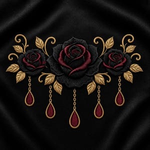 Peut inclure: Un écusson brodé représentant trois roses aux pétales noirs et rouge foncé, entourées de feuilles dorées et de tiges en spirale. Cinq chaînes dorées pendantes sont fixées en bas, chacune terminée par un pendentif rouge en forme de goutte.