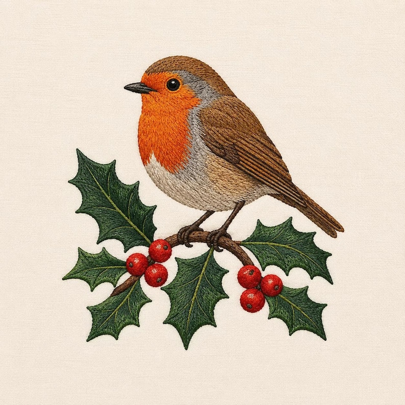 May include: An embroidery design featuring a European robin with a bright orange breast, brown wings, and a gray belly, perched on a brown branch adorned with dark green holly leaves and clusters of small, round, vibrant red berries.