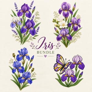 May include: A digital collection of four distinct floral arrangements featuring purple and white iris flowers, green stems, and small white filler blossoms. One arrangement includes a yellow and purple butterfly. The text reads Iris BUNDLE.