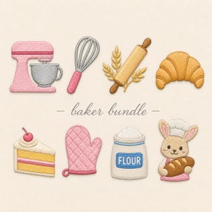 Op de afbeelding: Een verzameling van acht geborduurde patches met bakartikelen: een roze keukenmixer, een garde, een deegroller met tarwestengels, een croissant, een stuk taart met een kers, een roze ovenwant, een zak met het opschrift FLOUR en een konijn als bakker.