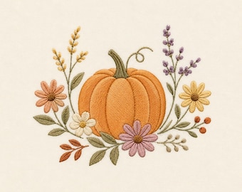 May include: An embroidery design featuring a central orange pumpkin with a green stem, surrounded by a floral arrangement of yellow, white, and pink daisies, sprigs of purple lavender, golden wheat stalks, and green leaves on a cream background.