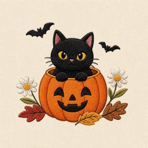 May include: An embroidery design featuring a black cat with yellow eyes sitting inside an orange jack-o'-lantern. The scene includes two black bats flying above, two white daisy flowers on the sides, and three autumn leaves in red, orange, and brown.