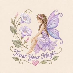 Morning Glory Fairy Embroidery Design Trust Your Magic Inspirational Floral Garden Machine Pattern Gift