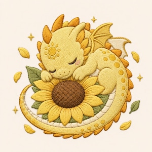 Pode incluir: Um emblema bordado apresentando um dragão amarelo adormecido enrolado em torno de um grande girassol. O dragão tem um símbolo de sol na testa, pequenas asas e escamas. Espalhadas ao redor estão pequenas folhas bordadas e estrelas de quatro pontas.