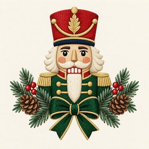 Puede incluir: Un bordado de un cascanueces con sombrero rojo de borde dorado, chaqueta verde con charreteras doradas y barba blanca. La figura está enmarcada por ramas de pino verdes, piñas marrones y racimos de bayas rojas con un lazo verde.