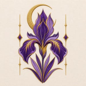 Pode incluir: Um design de bordado apresentando uma flor de íris roxa central com detalhes dourados. Uma lua crescente dourada fica atrás das pétalas. Duas linhas verticais douradas com detalhes em forma de diamante ladeiam a flor nos dois lados.