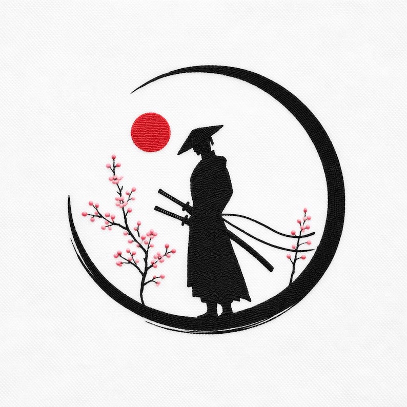 Samurai Silhouette Embroidery Design Sakura Moon Circle Japanese Warrior Minimalist Digital File image 1