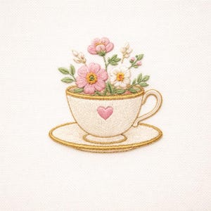 May include: Embroidered teacup and saucer featuring a floral design. The white teacup has a gold trim and a pink heart. The flowers are pink and white with green leaves. The saucer has a gold trim.
