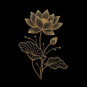 Può includere: Illustrazione a tratto dorato di un fiore di loto, con un fiore in fiore, un bocciolo e foglie, su sfondo nero. Il design utilizza linee sottili e piccoli accenti dorati, creando un'immagine floreale elegante. Adatto per vari progetti di design.