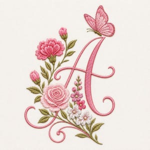 Peut inclure: Une lettre A brodée dans une police cursive, décorée de roses roses, d'œillets et de petites fleurs blanches. Des feuilles et des tiges vertes entourent la lettre, et un papillon rose est positionné en haut à droite de la lettre A.