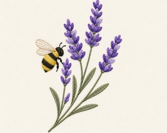 May include: An embroidery design featuring a cluster of purple lavender sprigs with green stems and leaves, accompanied by a small bumblebee with yellow and black stripes and white wings, all rendered in detailed thread work on a cream background.