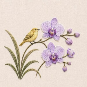 May include: Embroidered artwork showing a yellow bird on a branch with purple orchid flowers. The design includes green leaves and buds, all stitched on a cream background. The bird and flowers are detailed with various shades of thread, creating a textured effect.