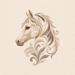 Puede incluir: Un diseño de bordado que muestra el perfil de una cabeza de caballo en tonos beige, marrón claro y marrón. La crin y la zona del cuello se transforman en intrincados patrones de hojas de acanto que se mezclan con el pelo del caballo.