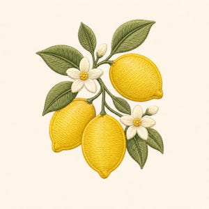 Op de afbeelding: Een borduurontwerp met drie felgele citroenen aan een centrale stengel met donkergroene bladeren en twee witte bloemen met vijf bloemblaadjes en gele harten. Het stikwerk geeft de vruchten en het blad een gestructureerd uiterlijk.