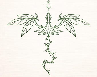 Diseño de bordado botánico: hojas simétricas, enredadera, luna creciente, arte lineal minimalista místico, archivo digital.