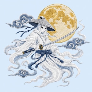 May include: An embroidered design featuring a figure in a white robe and conical hat, holding a katana sword. The figure is positioned before a large, textured gold moon, surrounded by swirling blue and white clouds on a light blue background.