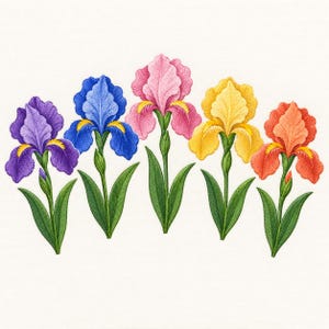 Puede incluir: Un diseño de bordado que muestra cinco flores de iris en fila, cada una con colores distintos: morado, azul, rosa, amarillo y naranja. Cada flor tiene tallos y hojas verdes, con detalles amarillos en la base de los pétalos, hecho con hilo.