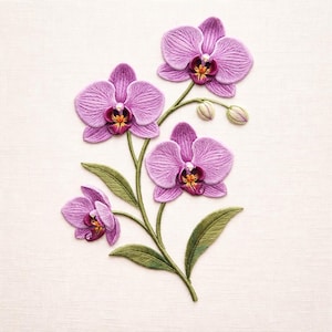 May include: Embroidered artwork featuring a stem of purple orchid flowers with green leaves and buds. The flowers have detailed stitching with yellow and dark purple centers. The background is a light beige fabric.