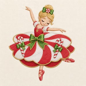 May include: An embroidered design of a ballerina with blonde hair styled in an updo with a green bow. The figure wears a red and white striped dress with a large green bow at the waist and two candy cane accents, finished with red ballet slippers.
