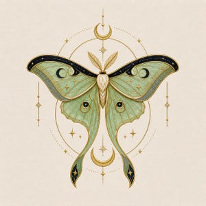 May include: An illustration of a Luna moth with mint green wings, adorned with crescent moons and stars. The moth is centered within a gold circular design, featuring additional moons and stars, all set against a cream background.