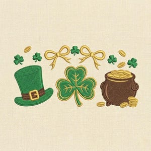 May include: An embroidered design featuring St. Patrick's Day symbols. A green leprechaun hat with a brown band and gold buckle is on the left. A large shamrock is in the center, with a pot of gold on the right. Gold coins and shamrocks are scattered around.