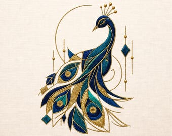 Peacock embroidery design geometric luxury art deco machine pattern digital download ornate needlework motif