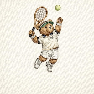 May include: An embroidered illustration of a teddy bear playing tennis. The bear wears a white tennis outfit with a green visor and wristbands. It is holding a wooden tennis racket and reaching for a green tennis ball.