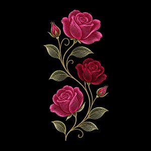Puede incluir: Un diseño de bordado que presenta tres rosas magenta vibrantes y dos capullos cerrados sobre un tallo dorado sinuoso con hojas detalladas. El arreglo floral se encuentra sobre un fondo negro sólido, mostrando líneas intrincadas.