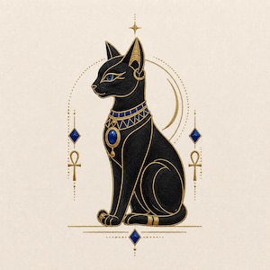 Peut inclure: Illustration d'un chat noir de profil, orné de détails dorés et de pierres précieuses bleues. Le chat porte un collier décoratif, sur fond crème avec un symbole ankh et des formes de diamants. L'œuvre a un thème égyptien.