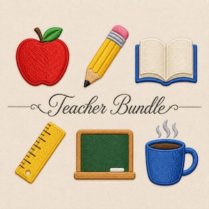 Puede incluir: Un conjunto de diseños de bordado titulado Teacher Bundle que incluye una manzana roja con una hoja verde, un lápiz amarillo, un libro abierto con cubiertas azules, una regla amarilla, una pizarra verde con un borrador blanco y una taza azul.