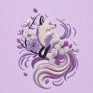 May include: Embroidered design of a fox with white and purple stripes, surrounded by purple and white flowers and leaves. The fox is sitting with its tail curled, set against a lavender background.
