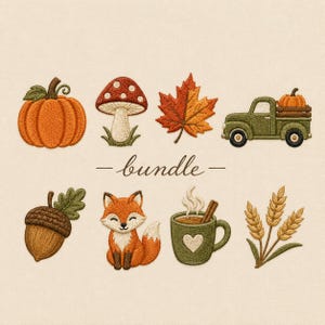 May include: An embroidery design bundle featuring a pumpkin, a mushroom, a maple leaf, a green truck carrying a pumpkin, an acorn, a fox, a mug with a heart and cinnamon stick, and wheat stalks. The word bundle is centered in the middle.
