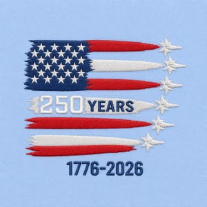 May include: Embroidered design featuring a stylized American flag with blue stars and red and white stripes. The text "250 YEARS" and "1776-2026" are also included. The design is set against a light blue background.