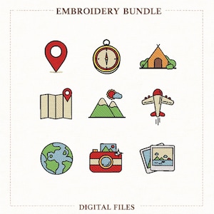 May include: Embroidery bundle with travel-themed designs. Includes a red location pin, compass, tent, map, mountains, airplane, globe, camera, and photos. The text "EMBROIDERY BUNDLE" and "DIGITAL FILES" are displayed.