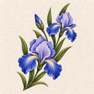 Puede incluir: Una ilustración botánica de dos flores de iris azules y un capullo cerrado con hojas verdes. Los pétalos presentan tonos de azul intenso y morado claro con acentos amarillos en la base sobre un fondo de color crema con textura.