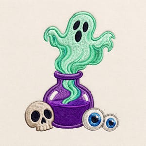 May include: An embroidered patch featuring a purple potion bottle with a light green ghost emerging from the top. To the left of the bottle is a beige skull, and to the right are two blue and white eyeballs. The design uses vibrant thread colors.