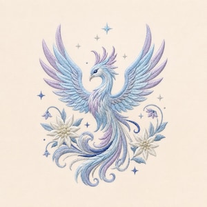 May include: An embroidery design featuring a central phoenix with wings spread wide, rendered in shades of light blue, lavender, and white. The bird is surrounded by two white star-shaped flowers, swirling foliage, and several small four-pointed stars.